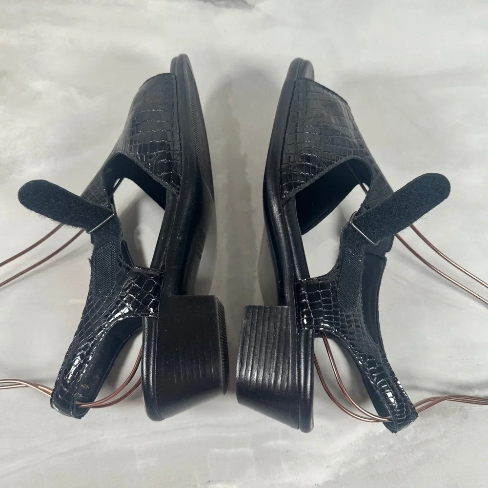 SAS Black Croc Embossed Patent Leather Sandals‎ Slingback Heels Made in USA 10 M